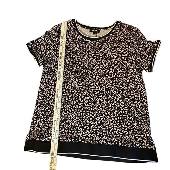 DKNY Women Large Leopard Print Short Sleeve Top Contrasting Trim Black & Beige - Picture 7 of 8